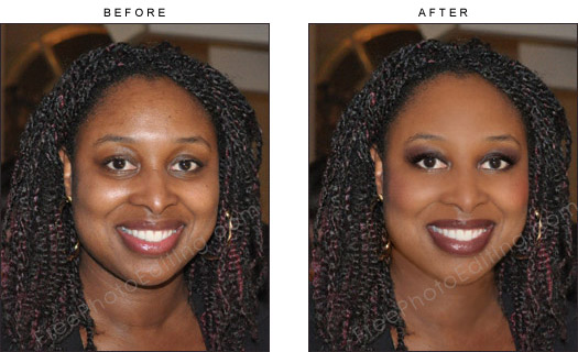 This photo of Dawn Butler has been glamorized with digital make-up and virtual retouching. The original photo can be seen on left.