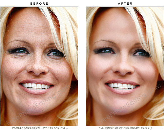 This photo is a retouching example of touching up a celebrity's facial skin. The original de-glam look can be seen on left.