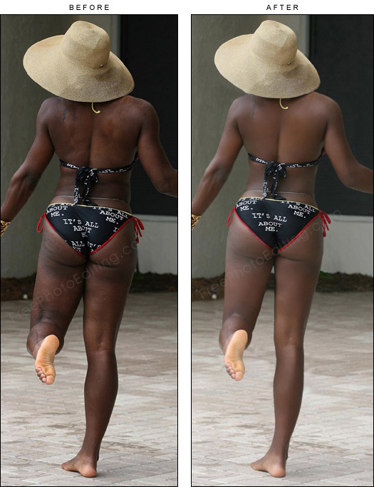 This is a retouching example of turning a stout and masculine looking body into a more feminine and womanly form. The original photo can be seen on left. 