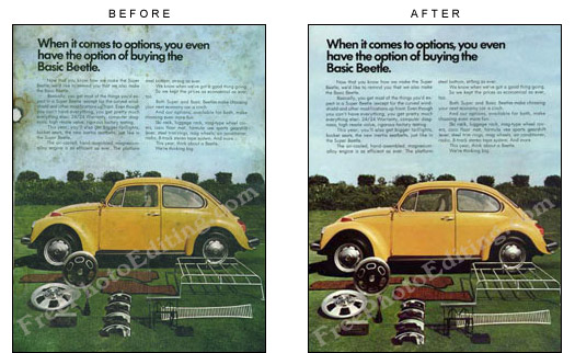 1973 Volkswagen Beetle sales brochure. Title "The '73 Beetle. All small cars are not created equal." This brochure was found in a discoloured, moldy and torn state due to improper storage for many years. It has been restored to the present look.