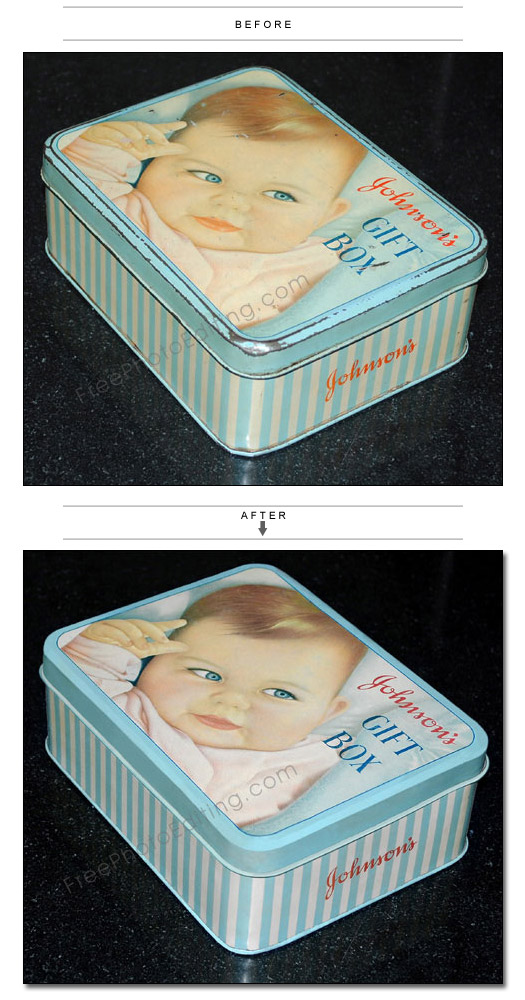 The tin box seen in this photograph has been restored digitally. The original photo of the damaged tin box can be seen above.