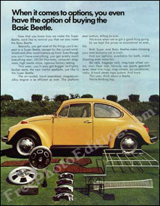 1973 Volkswagen Beetle sales brochure. Title "The '73 Beetle. All small cars are not created equal." This brochure was found in a discoloured, moldy and torn state due to improper storage for many years. It has been restored to the present look.
