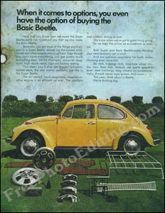 1973 Volkswagen Beetle sales brochure. Title "The '73 Beetle. All small cars are not created equal." This piece of literature has become discoloured, moldy and torn due to improper storage for 30 years.