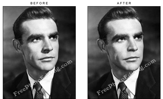 Sean Connery's (Another Time, Another Place, 1958) photo edited to remove shadow below his nose.