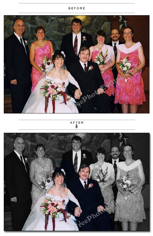Wedding photograph in which the bride and bridegroom are in colour, and the rest of the group is in black and white (or grayscale). This special effect has been created using photo editing.