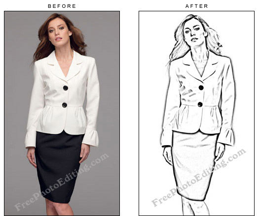 Fashion model photo displaying skirt-suit converted to fashion sketch