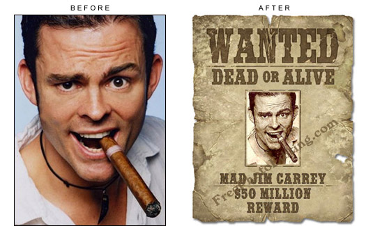 'WANTED' poster made from Jim Carrey's photo ("Wanted - Dead or Alive, Mad Jim Carrey, $50 Million Reward")