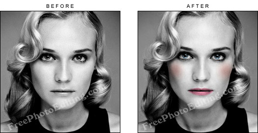 Special effects carried out on Diane Kruger's black & white photo with digital retouching. Lipstick and rouge has been added. Eye colour has been changed to blue.