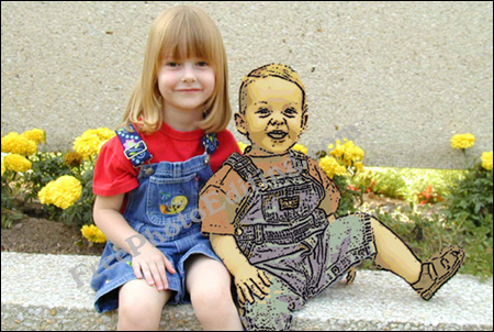 This is a photo of two little kids, in which one (the little boy) has been converted to a sketch.