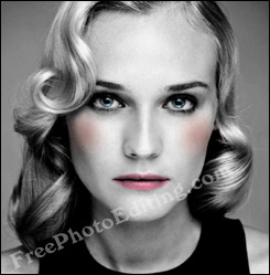 Special effects carried out on Diane Kruger's black & white photo with digital retouching. Lipstick and rouge has been added. Eye colour has been changed to blue.