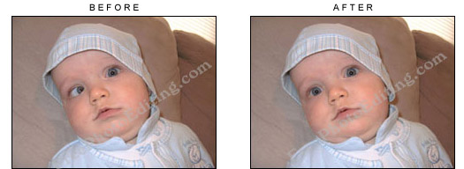 Squint eye correction carried out on baby with photo editing