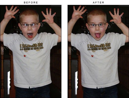 This is a photo editing example in which a little boy's cross-eyed look has been edited to look 'normal'.