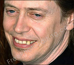 Photo retouching is required to correct Steve Buscemi's snaggle tooth (when one tooth is much longer than the others). See edited photo on right.