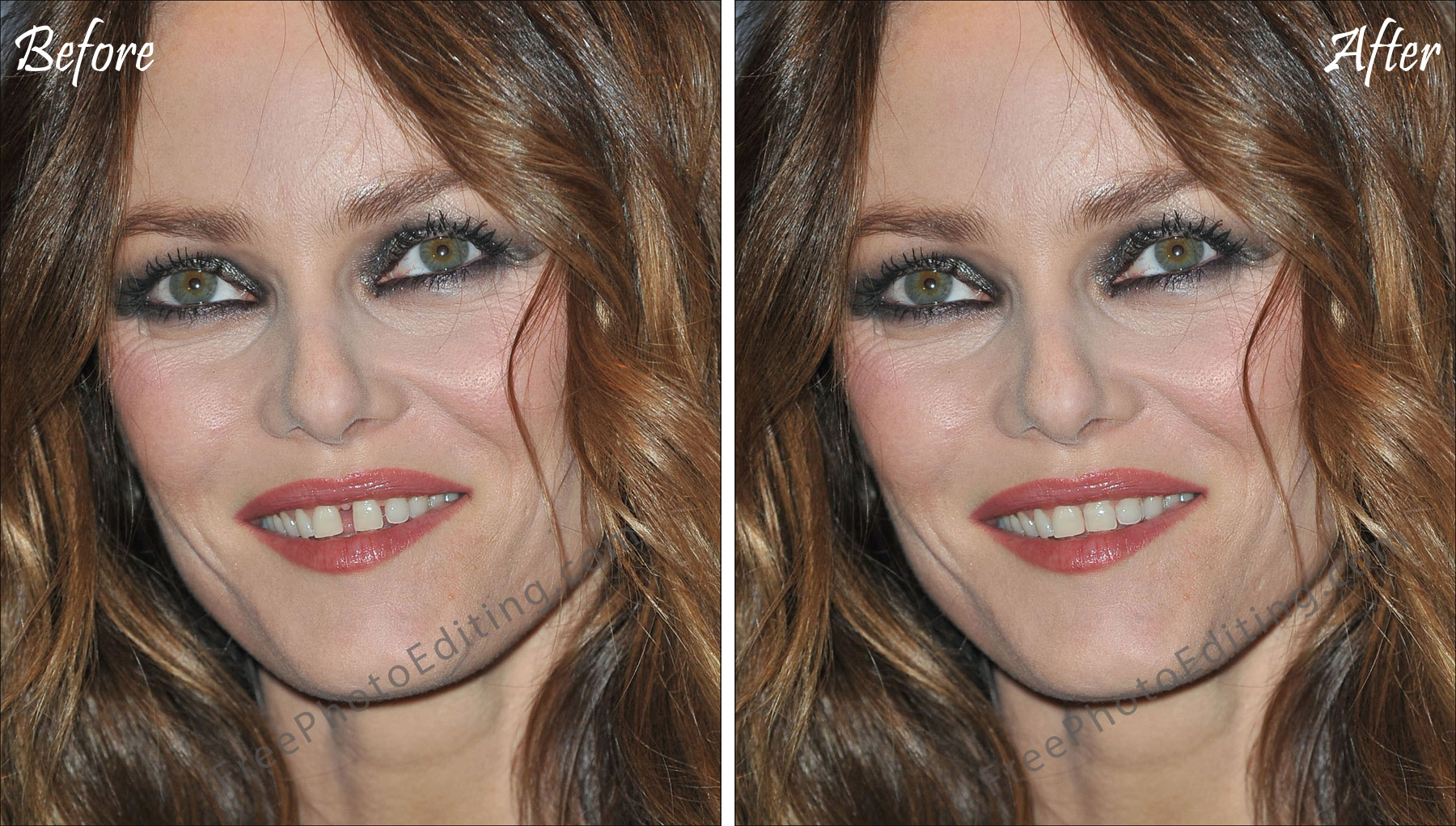 Photo editing sample: Correction of Vanessa Paradis teeth gaps.