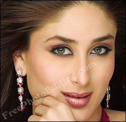Close-up of Kareena Kapoor's face. Note her preference for thick eyebrows.
