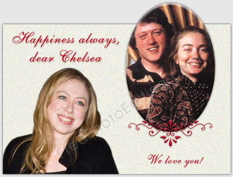 Photo editing example: A 'best wishes' card for Chelsea Clinton, conceptualised around a rare photo of Bill & Hillary Clinton from their youthful days.