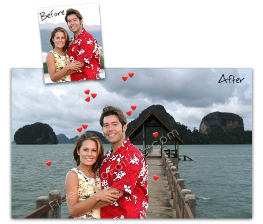 Before and after: Valentine's Day effects added to couple's photo.