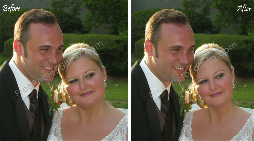 This is a retouched wedding photo in which the bride has been made to look thinner. Blemishes have been removed on face.