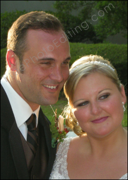 Retouching required for wedding photo. Bride to look thinner; also blemish removal needed. See retouched photo on right.