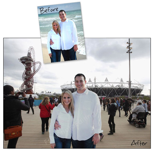 Before & after photo editing: Pose outside the Olympics stadium during the London Olympics season 2012