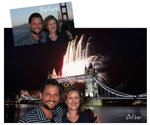 Before & after photo editing: London Bridge by night during Olympics 2012 opening ceremony