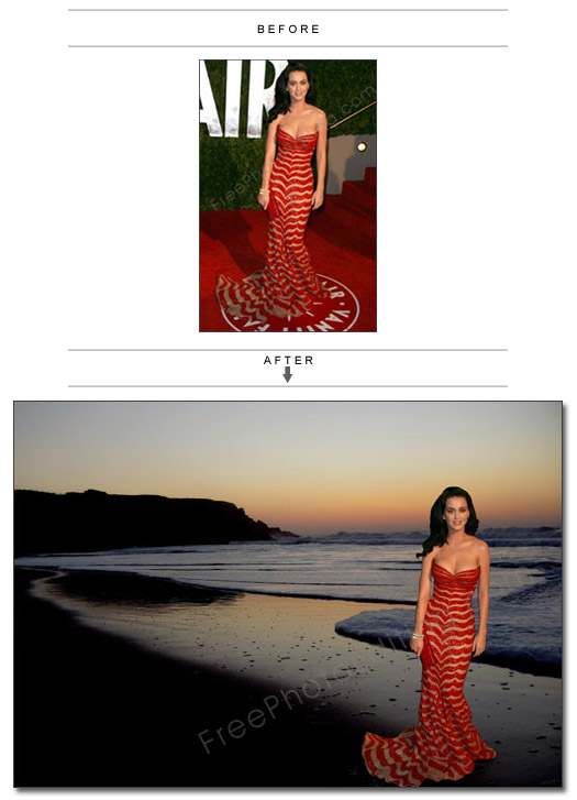 Photo edit: Change background of Katy Perry pic to seaside by night