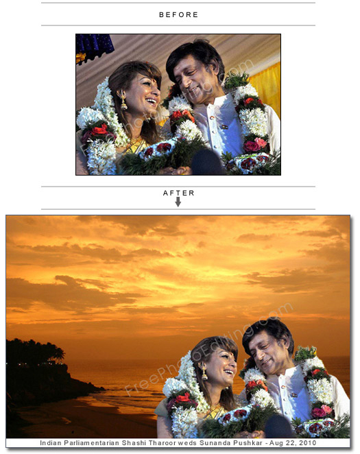 Photo editing: Replace background in political celebrity wedding photo.  Retouching sample 66.
