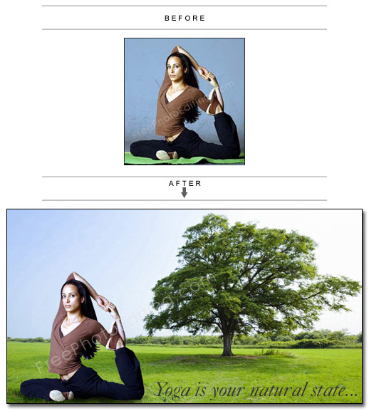 Photo editing: Background change in yoga posture photo. Retouching sample 74